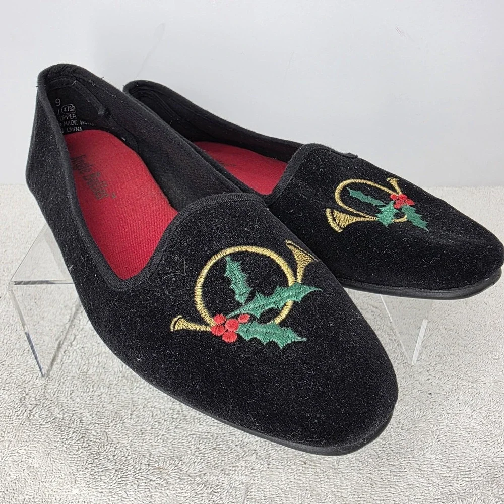 Vintage Christmas Holiday Flats Black Velvet Shoes Jingle Bells Holly SIZE 9